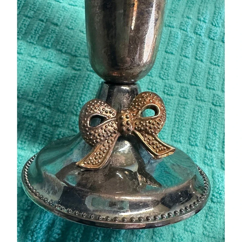 Vintage Silver Tone Bow Candlestick Holders Set of 2 Beaded Trim Weighted‎ Base